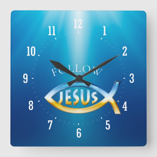 Follow Jesus - Christian Fish Symbol Square Wall Clock (Front)