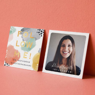 Follow Me, Modern Minimal & Abstract Watercolor Square Business Card