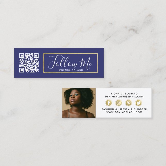 Follow Me Social Media Influencer Navy Blue & Gold Mini Business Card (Front/Back)