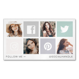Follow Me Social Media Square Grid Photo Collage Magnetic Business Card