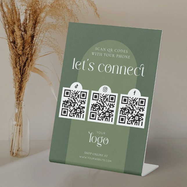 Follow Us Social Media 3 QR Codes Boho Sage Green Pedestal Sign (Modern boho arch design business QR code sign in sage green with space for your logo)