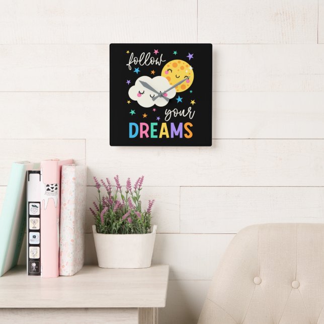 Follow Your Dreams | Cloud & Moon Square Wall Clock (Reading Room)