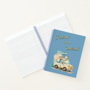 Follow your dreams cute little car watercolor blue notebook