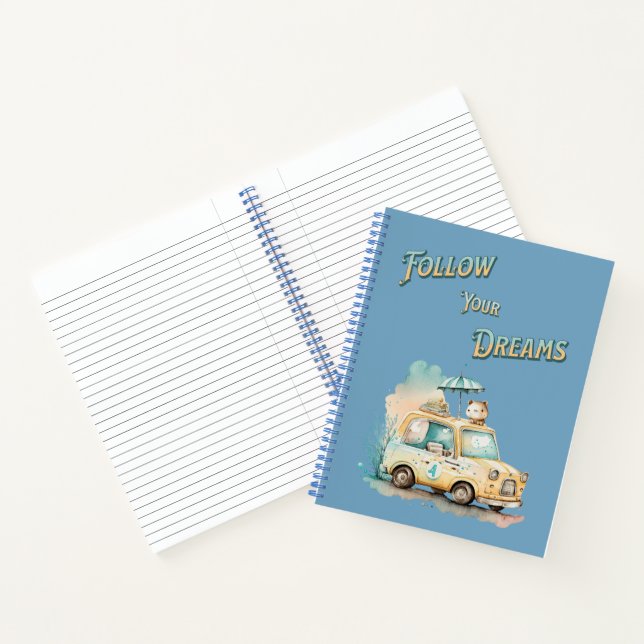 Follow your dreams cute little car watercolor blue notebook (Inside)