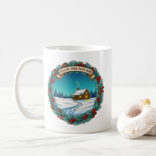 Follow Your Path Home Christmas Cabin Scene Coffee Mug (With Donut)