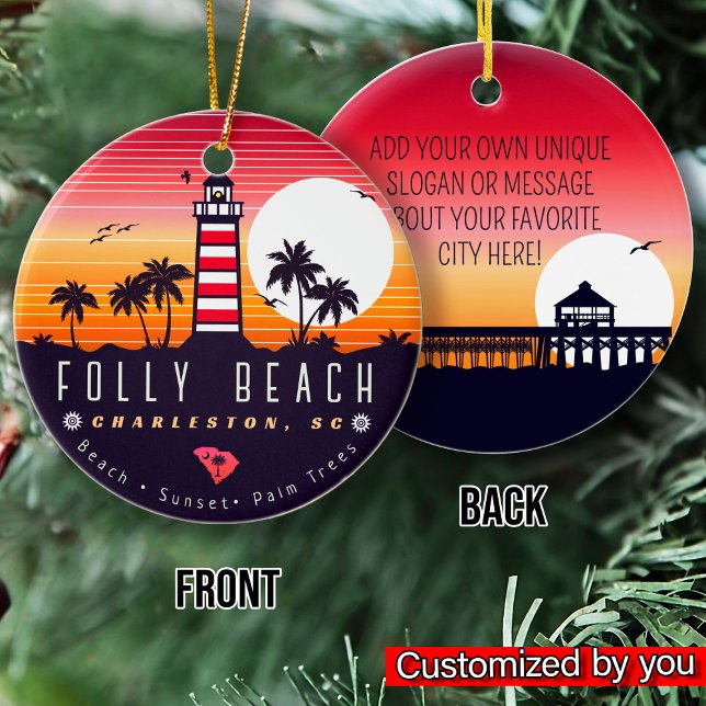 Folly Beach lighthouse SC Retro Sunset Souvenirs Ceramic Ornament (Creator Uploaded)