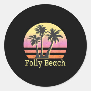 Folly Beach Retro Beach Family Vacation  Classic Round Sticker