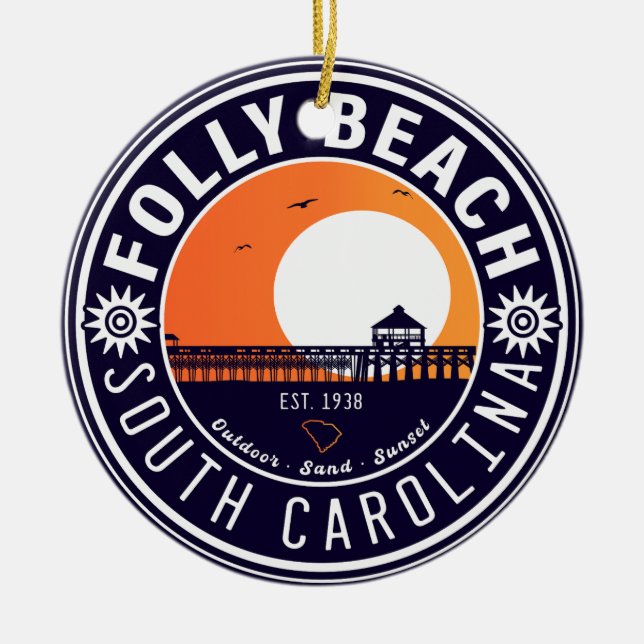 Folly Beach SC Souvenirs Retro Sunset Pier 60s Ceramic Ornament (Front)