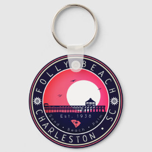 Folly Beach SC Souvenirs Retro Sunset Pier 60s Key Ring