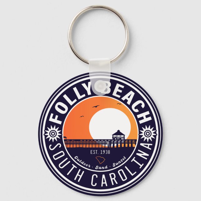 Folly Beach SC Souvenirs Retro Sunset Pier 60s Key Ring (Front)