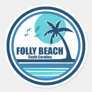 Folly Beach South Carolina Palm Tree Birds Classic Round Sticker