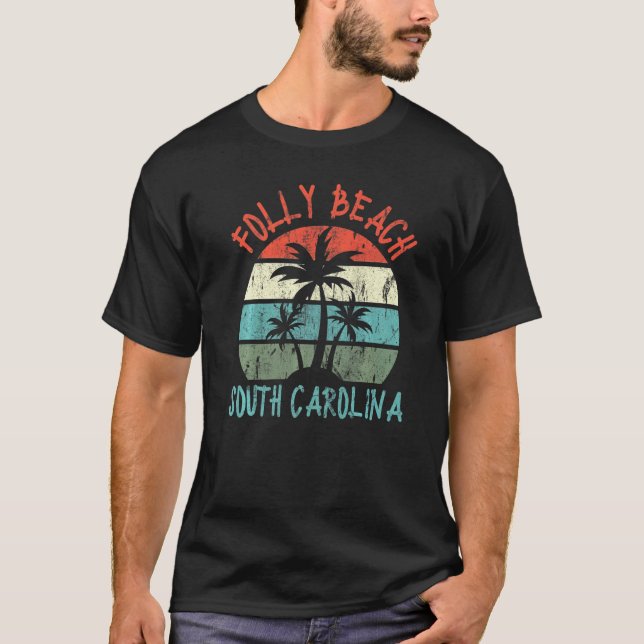 Folly Beach South Carolina Palm Trees Retro Sunset T-Shirt (Front)