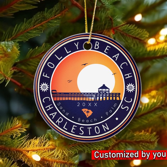 Folly Beach South Carolina Retro Sunset Souvenir Ceramic Ornament (Creator Uploaded)