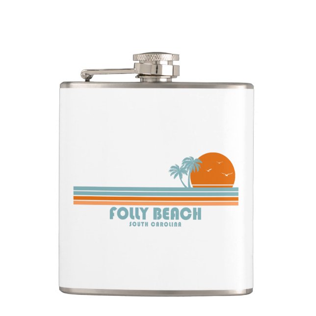 Folly Beach South Carolina Sun Palm Trees Hip Flask (Front)