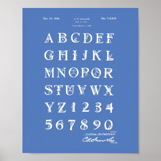 Font 1938 Patent Art Blueprint Poster (Front)