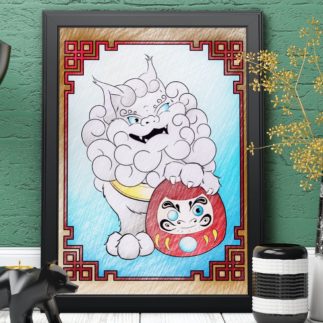 Foo Dog and Daruma Doll- Guarded Wish Colouring Poster (Creator Uploaded)