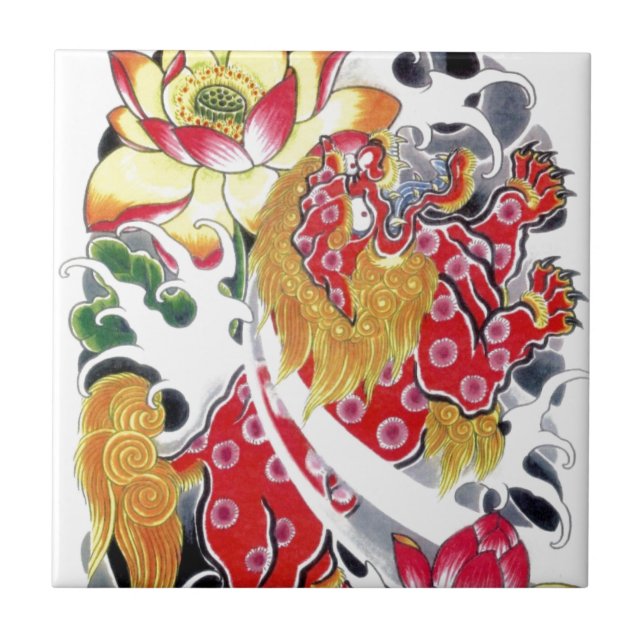 Foo Dog & Lotus Tattoo Design Tile (Front)