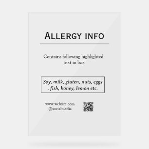 Food allergy alert add name text food items QR Acrylic Sign