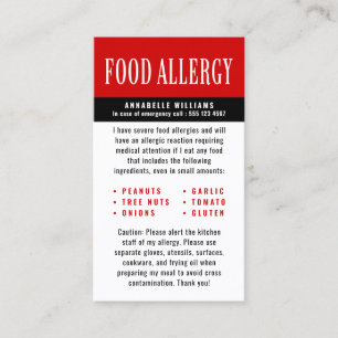 Food Allergy Alert  Calling Card