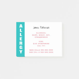 Food Allergy Alert Personalised Teal Emergency Post-it Notes