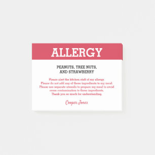 Food Allergy Alert Restaurant Personalised Post-it Notes
