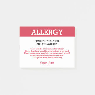 Food Allergy Alert Restaurant Personalised Post-it Notes