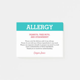 Food Allergy Alert Restaurant Personalised Teal Post-it Notes