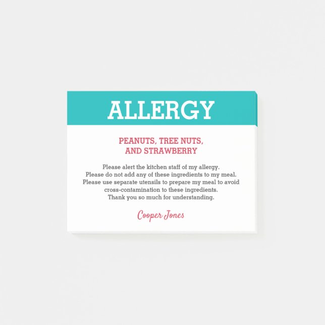Food Allergy Alert Restaurant Personalised Teal Post-it Notes (Front)