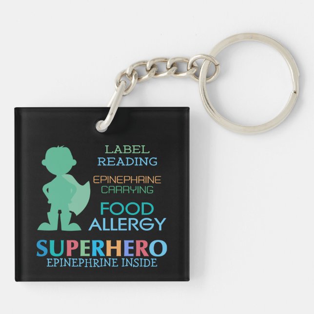 Food Allergy Boy Superhero Personalised Kids Key Ring (Back)