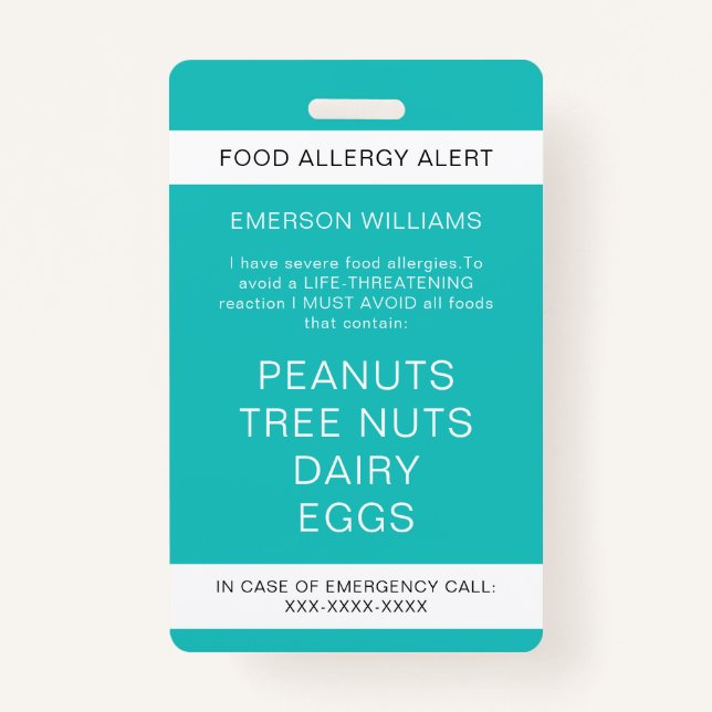 Food Allergy Medical Alert Emergency Contact ID Badge (Front)