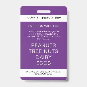 Food Allergy Medical Alert Emergency Contact ID Badge