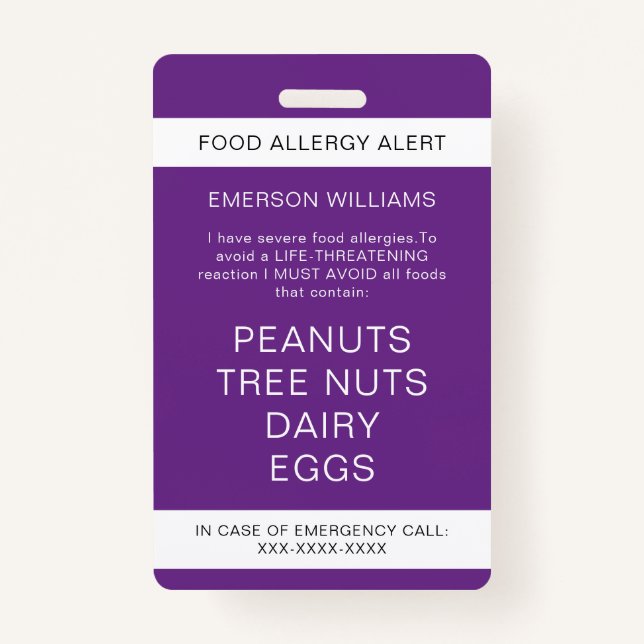 Food Allergy Medical Alert Emergency Contact ID Badge (Front)