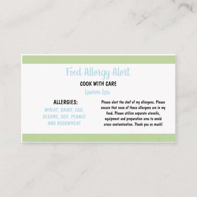 Food Allergy Restaurant Alert Card Template (Front)