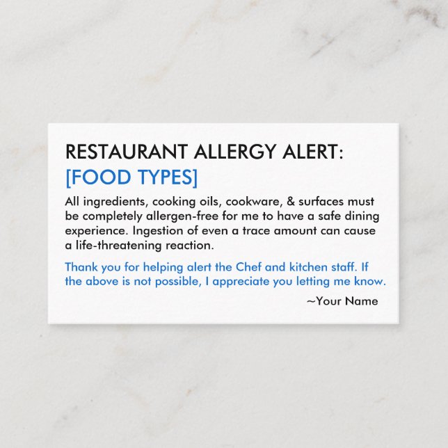 Food Allergy Restaurant & ICE Card (Front)