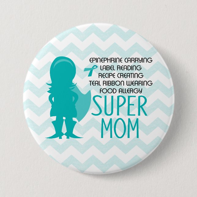 Food Allergy Super Mum Silhouette Teal Button (Front)