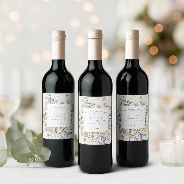 Food and Beverage Label Set (Colorful Spring Wildflower Meadow Garden Wedding Wine Label)