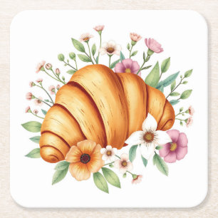 Food and Nature Art Croissant with Floral Square Paper Coaster
