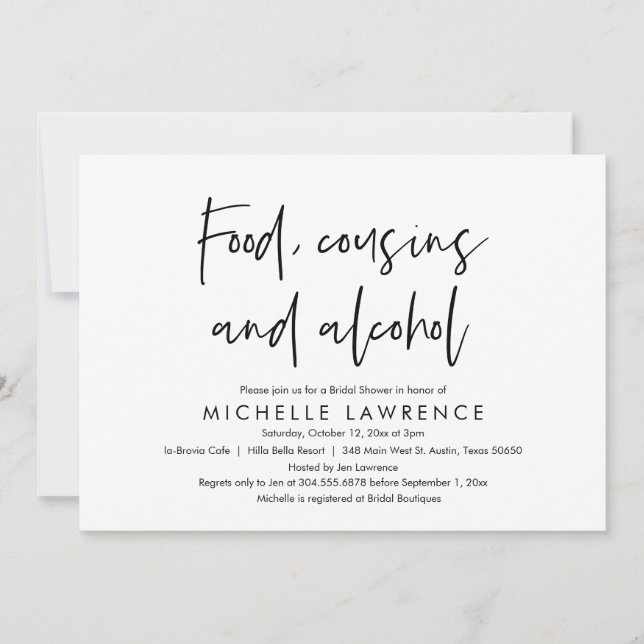 Food, Cousins and Alcohol, Casual Bridal Shower Invitation (Front)