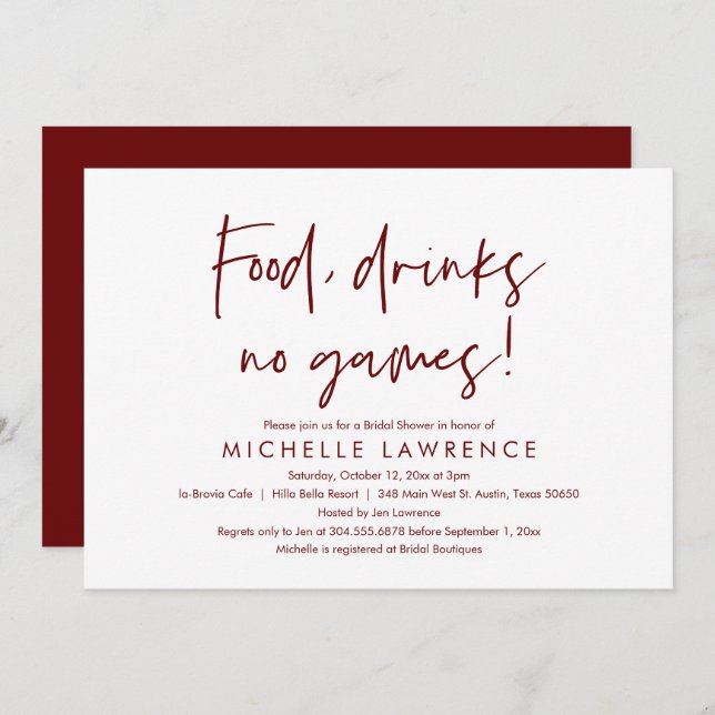 Food, drinks, no games, Fun Bridal Shower Party Invitation (Front/Back)