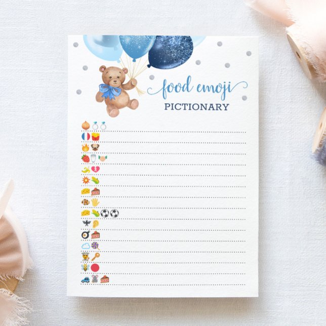 Food Emoji Pictionary game Blue Teddy Bear Card (Creator Uploaded)