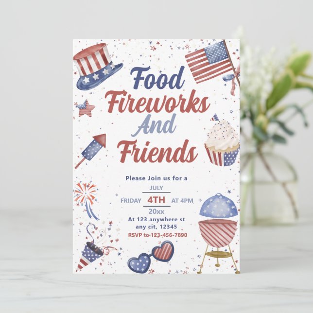 Food Friend and Fireworks 4th Of July  BBQ Invitation (Standing Front)