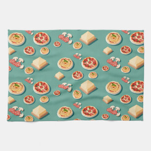 food icons pizza pasta and cheese tea towel