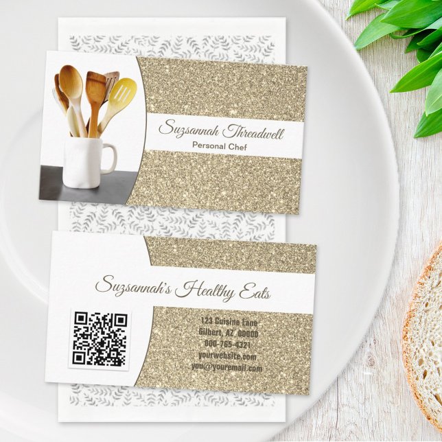 Food Industry Subtle Gold Glitter Custom Photo QR Business Card (Creator Uploaded)