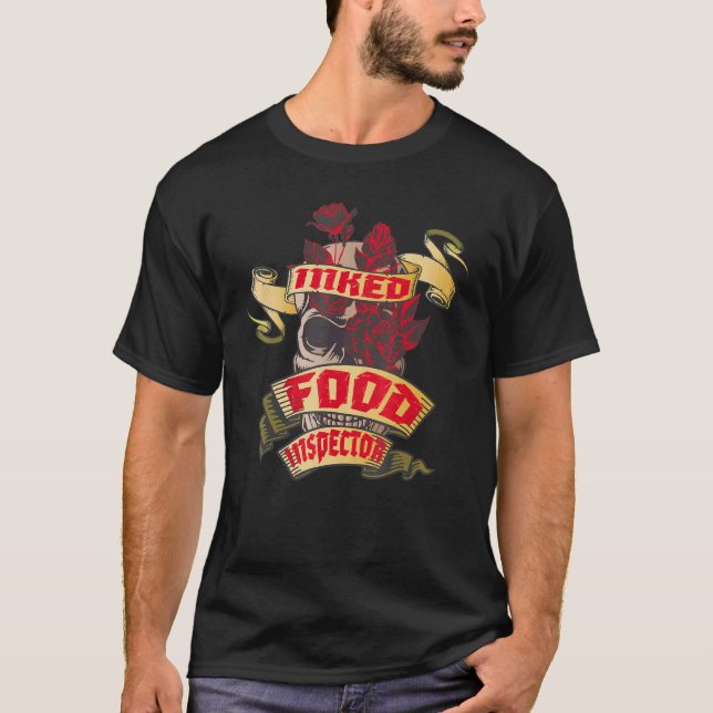 Food Inspector Inked Skull & Red Roses Tattoo T-Shirt (Front)
