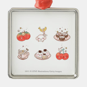 Food items displayed against white background metal ornament
