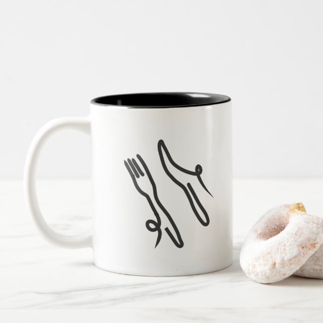 Food knife and fork modern grey and white Two-Tone coffee mug (With Donut)