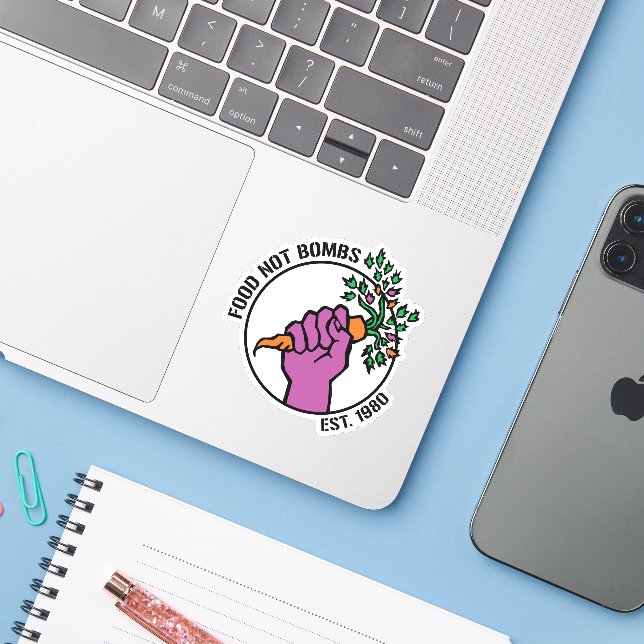 Food Not Bombs logo w/text & year (Laptop w/ iPhone)