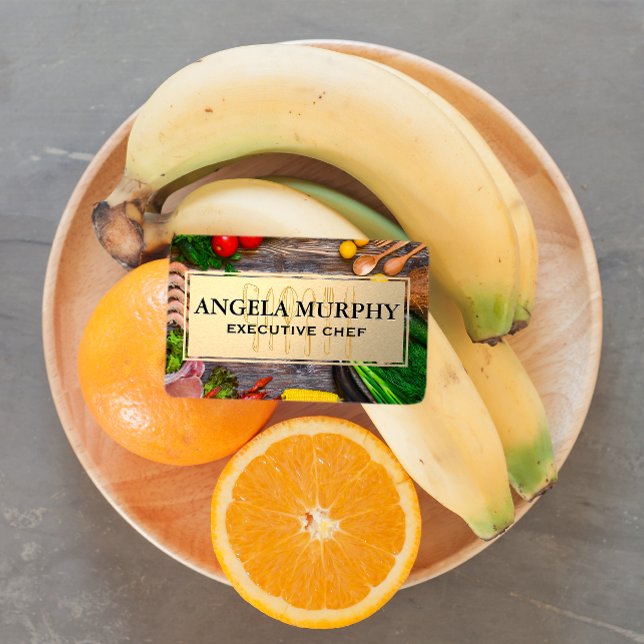 Food on Wooden Table | Gold Frame | Kitchen Tools Business Card (Creator Uploaded)