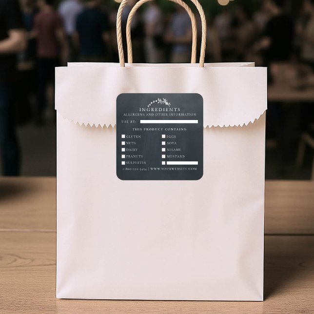 Food Safety Allergens Artisanal Product Leaf Black Square Sticker (product packaging sticker artisan business gift blackboard handmade homemade ingredients list)