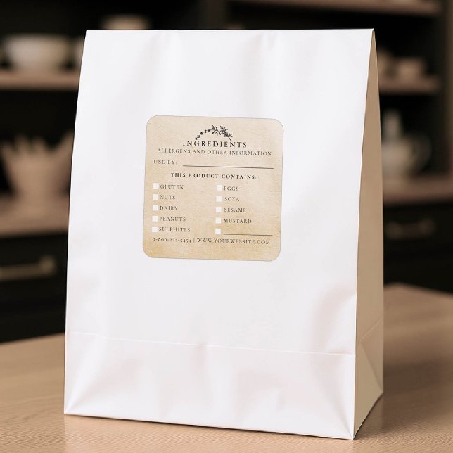 Food Safety Allergens Handmade Kraft Leaf Product Square Sticker (product packaging sticker artisan business gift blackboard handmade homemade ingredients kraft)